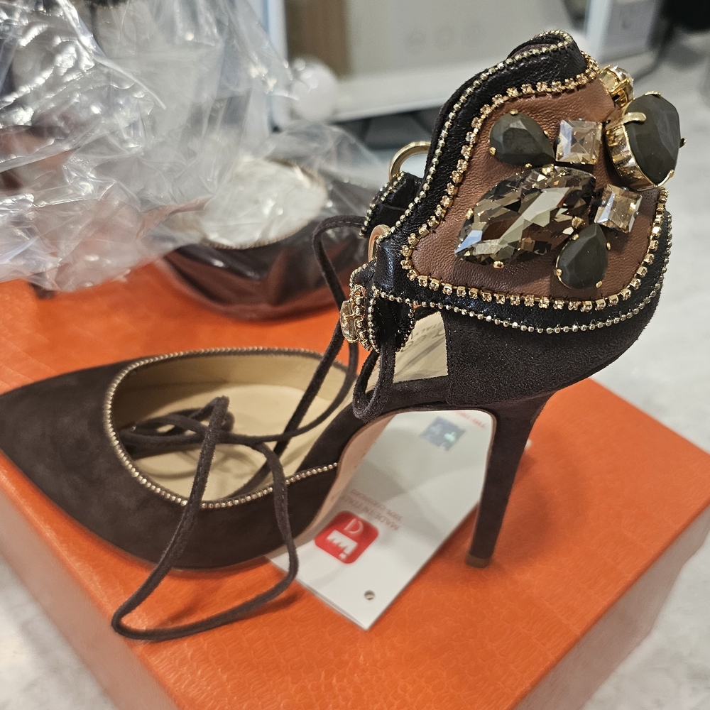 Roberto Cavalli Women’s Brown and Cream Embellished Suede Heels - Picture 14 of 16